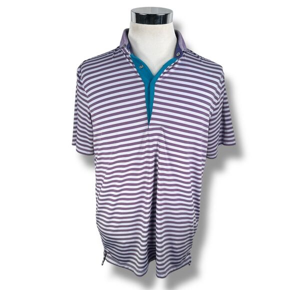 Greyson Polo Shirt Mens Medium Purple Gray Striped Blue Stretch Snap Collar Golf - Picture 1 of 11
